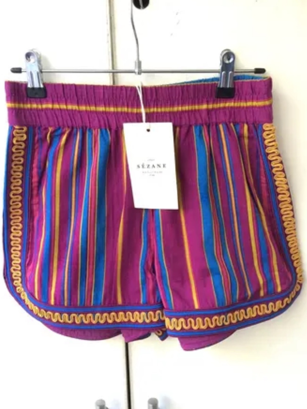 Sezane Purple Multi-Stripe Athletic Shorts with Gold Trim